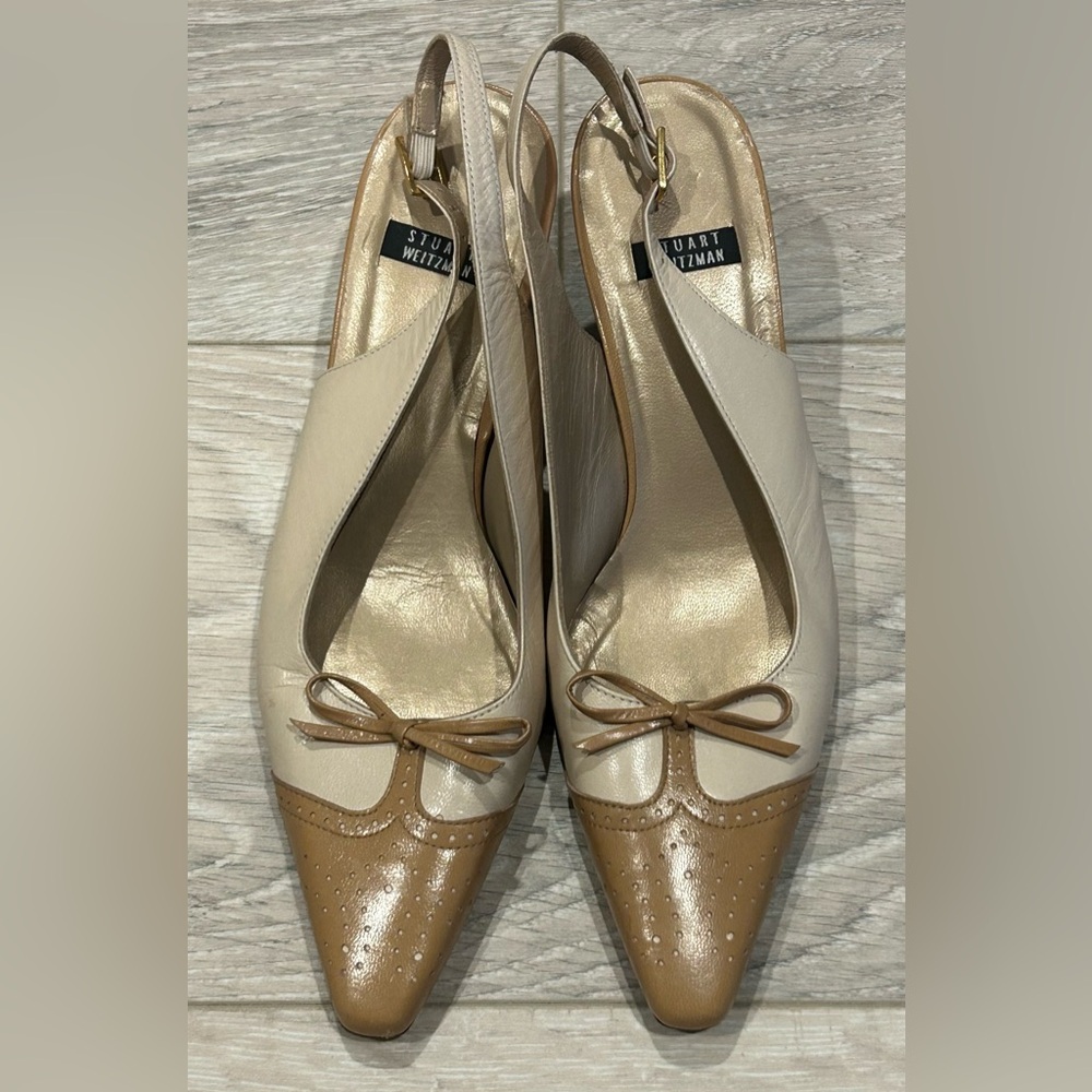 Stuart Weitzman Tan and Cream Heels with Bow Detail